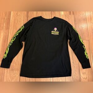Black Long-Sleeve Graphic Tee with Neon Green Sleeve Art